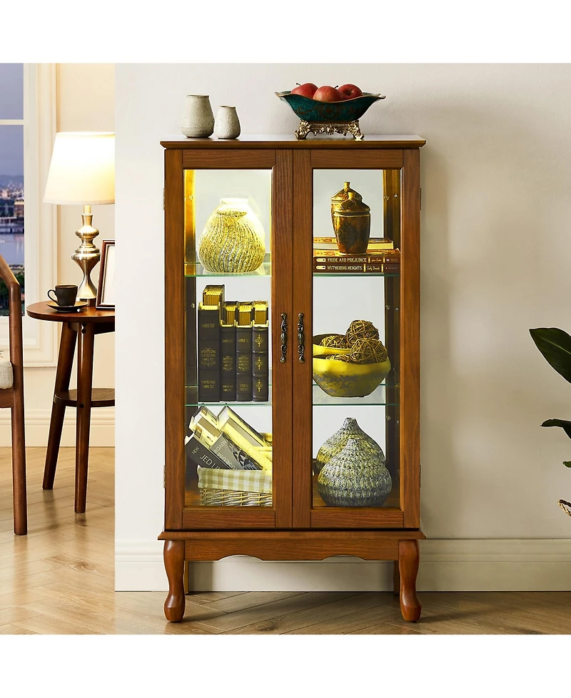 Corner Display Cabinet with Mirrored Panel Tempered Glass Shelves and Classic Style