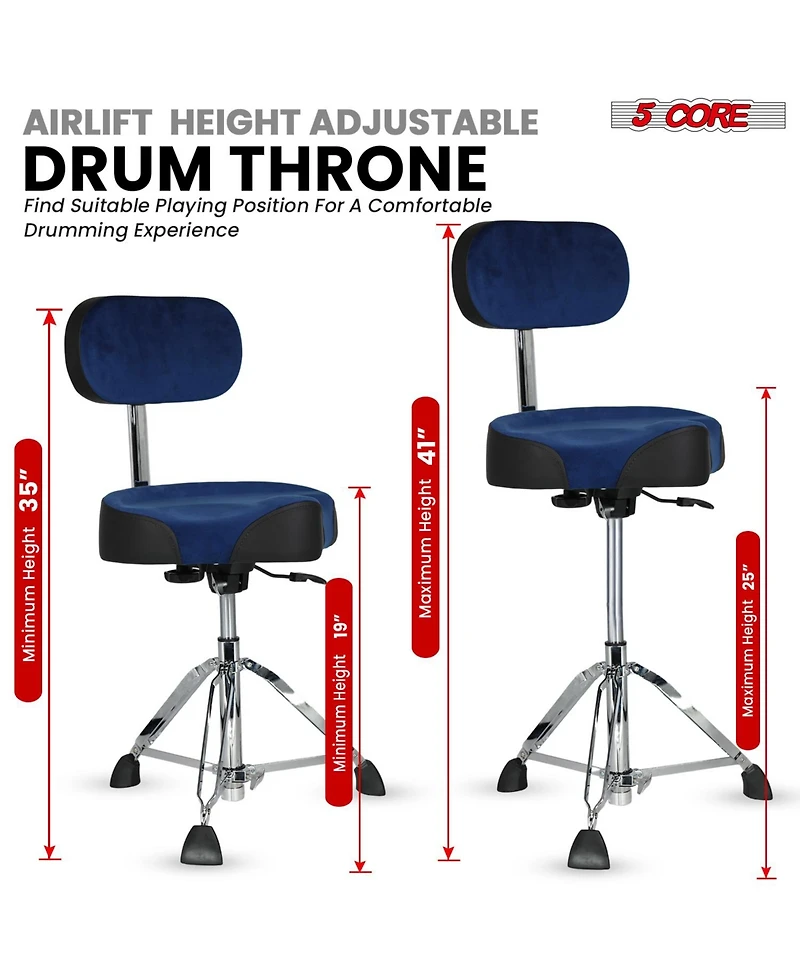5 Core Drum Throne w Backrest 4" Padded Stool Airlift 25" Adjustable Drummer 441Lb Capacity
