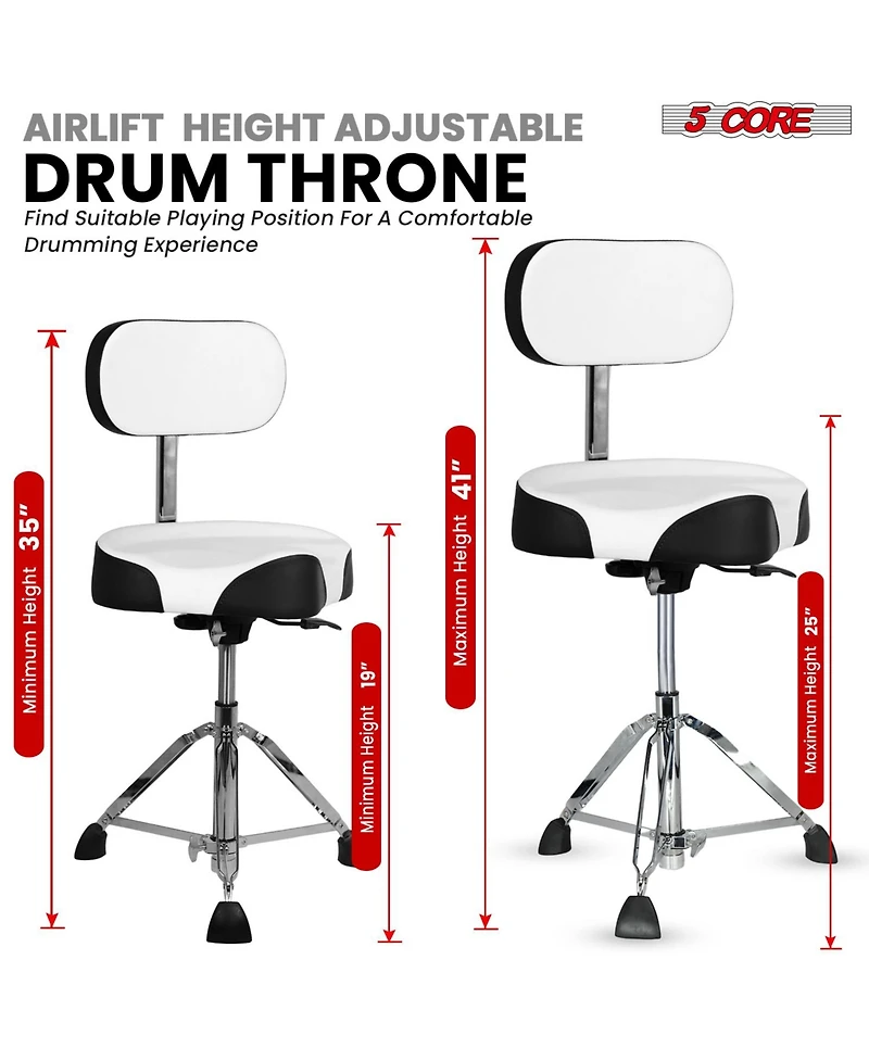 5 Core Drum Throne w Backrest 4" Padded Stool Airlift 25" Adjustable Drummer 441Lb Capacity