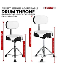 5 Core Drum Throne w Backrest 4" Padded Stool Airlift 25" Adjustable Drummer 441Lb Capacity