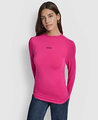Dkny Jeans Women's Side Ruched High Neck Long Sleeve Top With Rhinestud Logo