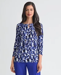 Kasper Women's Printed Pleat-Neck 3/4-Sleeve Top