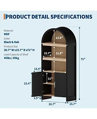 Gaomon 71in Tall Arched Bookcase, Modern 5 Tier Bookshelf Mid Century Arched Display Storage Cabinet with Fluted Doors Open Display Shelves, Black