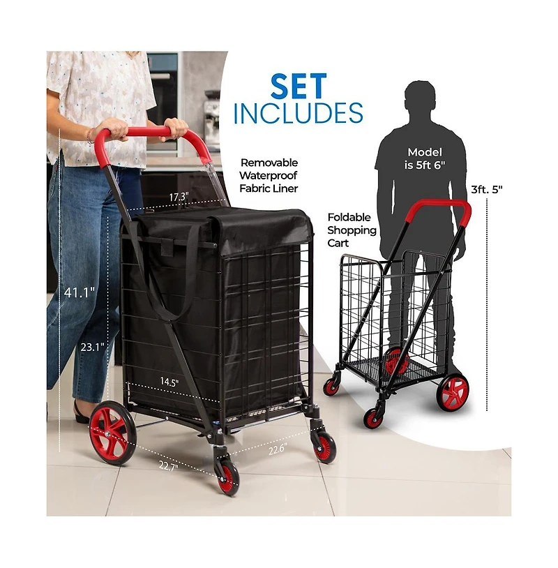 SereneLife Folding Utility Cart with Liner, Heavy-Duty, 360° Swivel Wheels, lb Capacity, Portable for Groceries