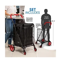 SereneLife Folding Utility Cart with Liner, Heavy-Duty, 360° Swivel Wheels, lb Capacity, Portable for Groceries