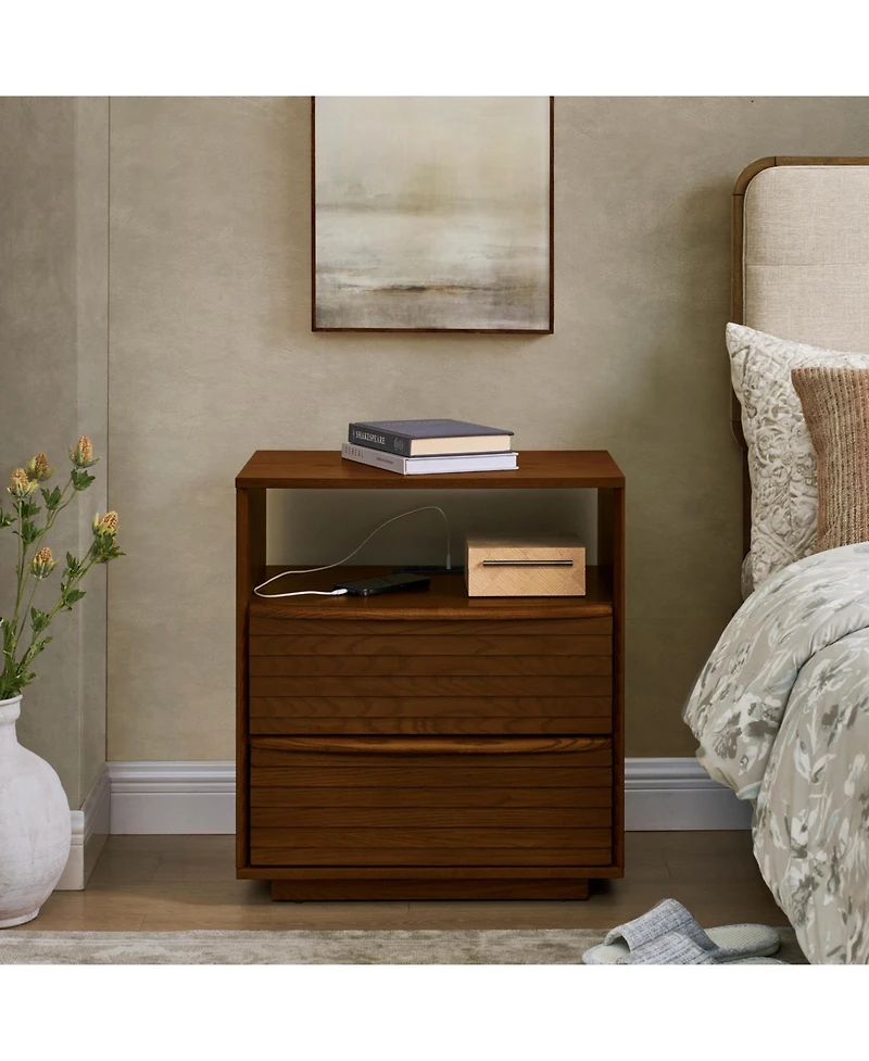 Lovmor Mid Century Nightstand 2 Drawers Usb Outlet Louver Wood Bedside End Table
