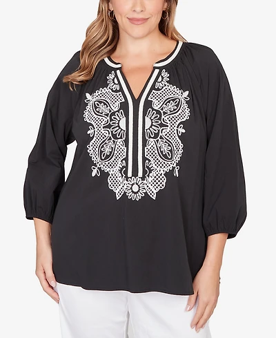 Ruby Rd. Plus Embroidered Soft Poplin Peasant 3/4 sleeves Top