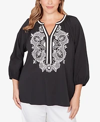 Ruby Rd. Plus Embroidered Soft Poplin Peasant 3/4 sleeves Top