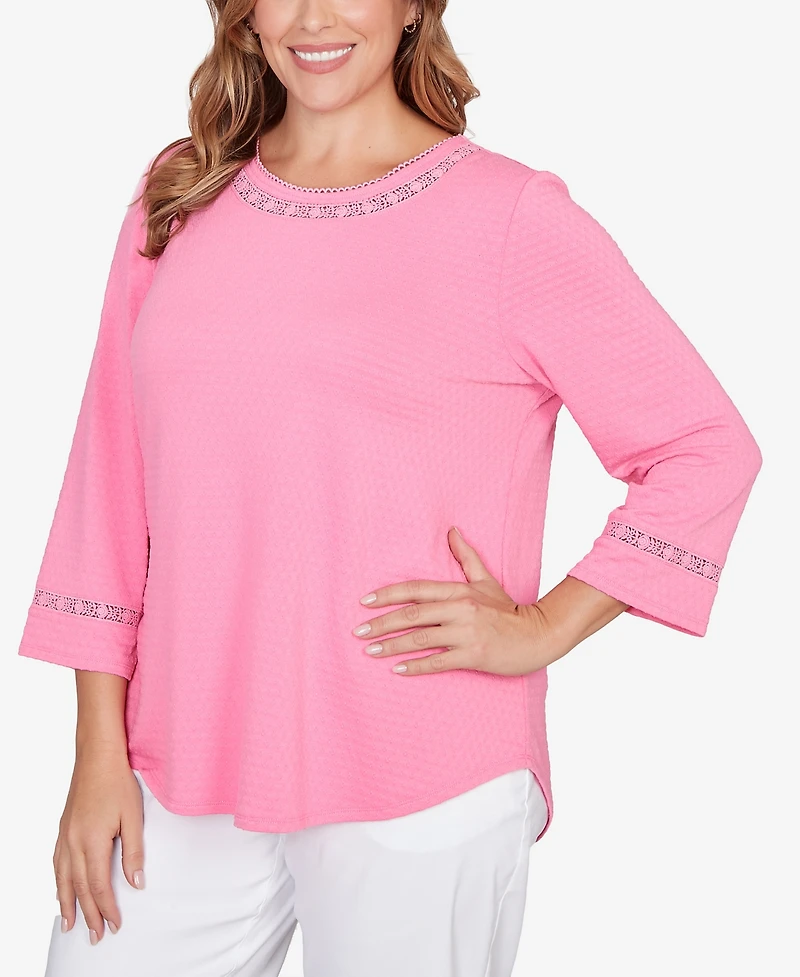 Ruby Rd. Plus Solid Clip Dot Lace Trim Knit Top