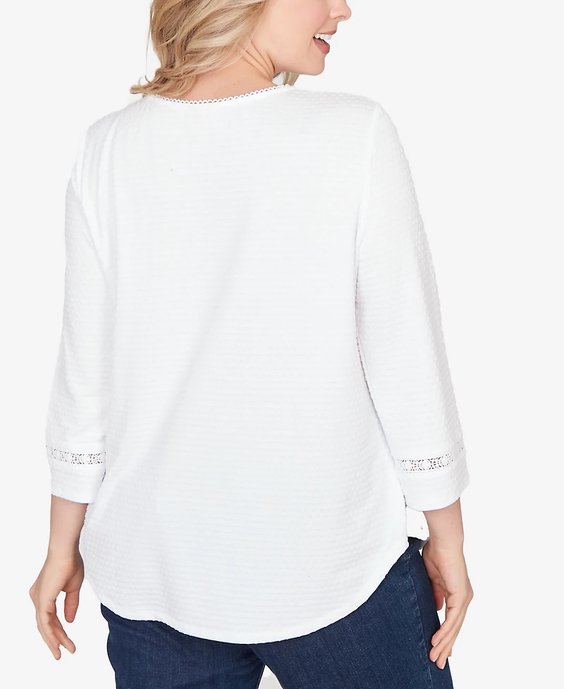 Ruby Rd. Plus Size Solid Clip Dot Lace Trim Knit Top