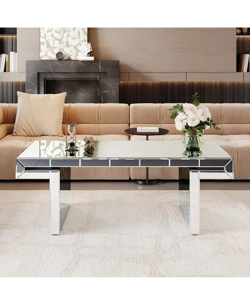 Lovmor 47 Inches Luxury Rectangular Mirror Coffee Table with Fluted Tempered Glass, Modern Sofa Side Table, Easy 2-Step Assembly