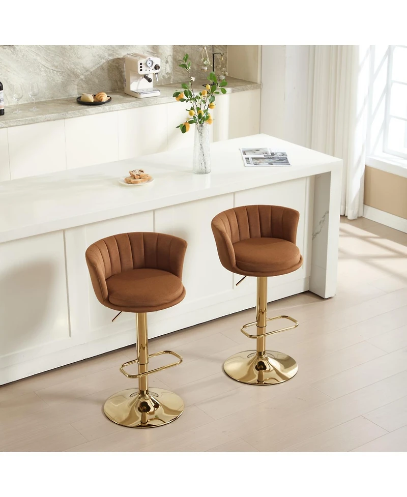 Streamdale Furniture Set of 2 Orange Velvet Swivel Bar Stools with Chrome Footrest