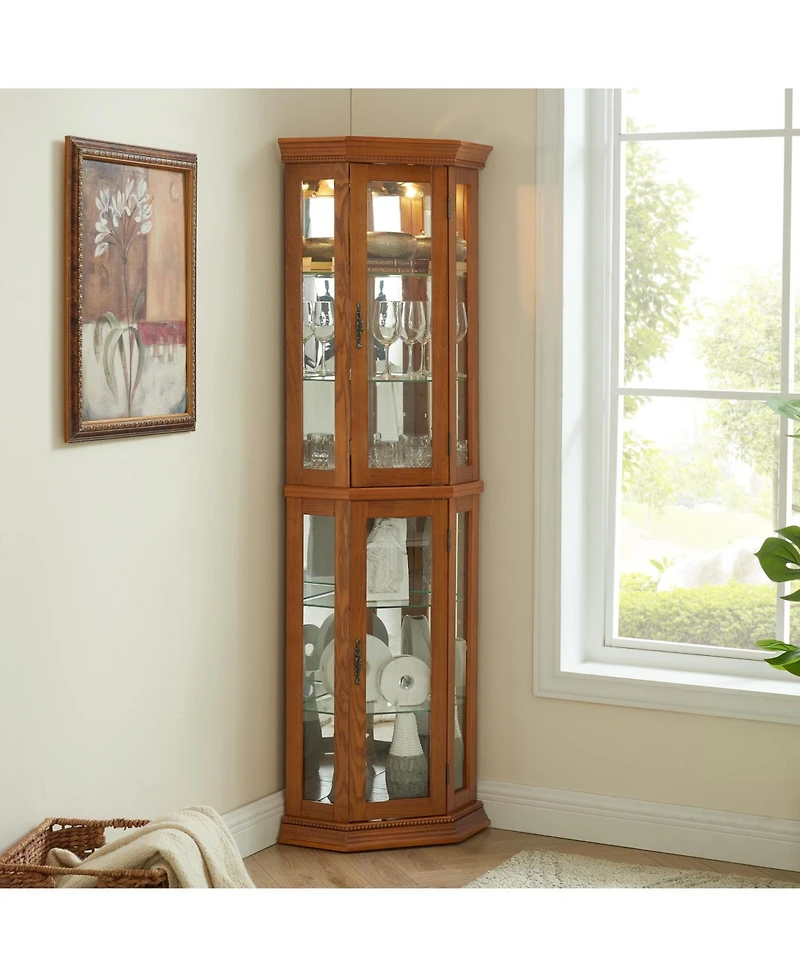 Streamdale Furniture Lighted Corner Curio Cabinet - Glass Display Shelf - Oak