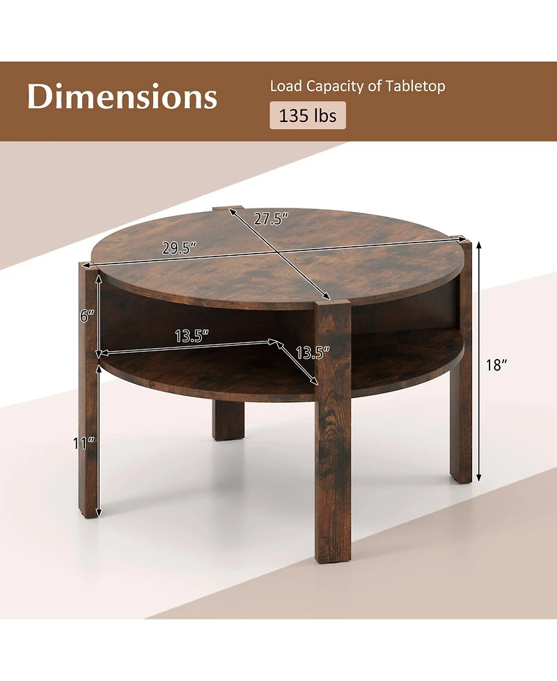 Gymax 29.5'' 2-Tier Round Coffee Table w/ Storage 4 Shelves Faux Wooden Top