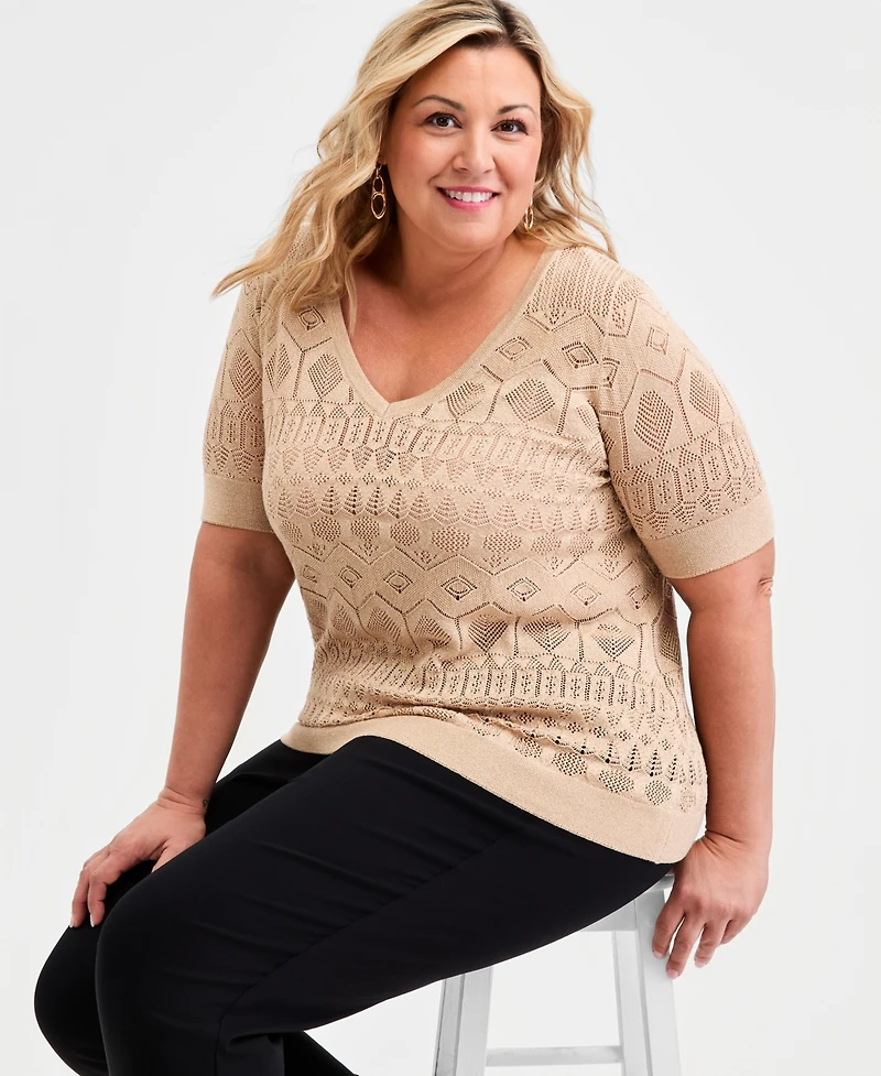 Jm Collection Plus Metallic Pointelle Knit Elbow-Sleeve Sweater, Macy's Exclusive