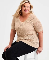 Jm Collection Plus Metallic Pointelle Knit Elbow-Sleeve Sweater, Macy's Exclusive