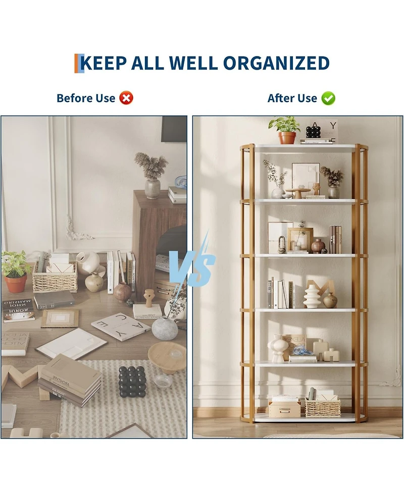 gaomon 6-Tier Wooden Bookshelf, 71" Industrial Tall Bookcase with Metal Frame, Large Open Storage Shelf for Living Room, Bedroom, Office