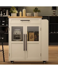 gaomon 42" Kitchen Island Cart with Solid Wood Top, Drawer, 3-Tier Shelves, Locking Wheels, Glass Doors