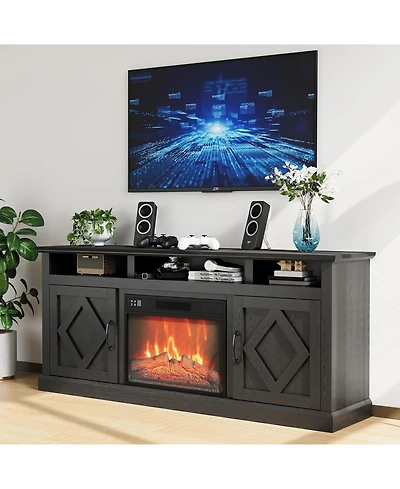 67" Fireplace Tv Stand with 23" Electric Fireplace & Remote, Storage Cabinets, Entertainment Center, Brown