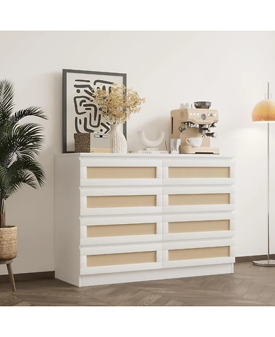 gaomon 8 Drawer Natural Dresser for Bedroom, Modern Farmhouse Chest with Slim Wood Frame, Space-Saving Tv Stand