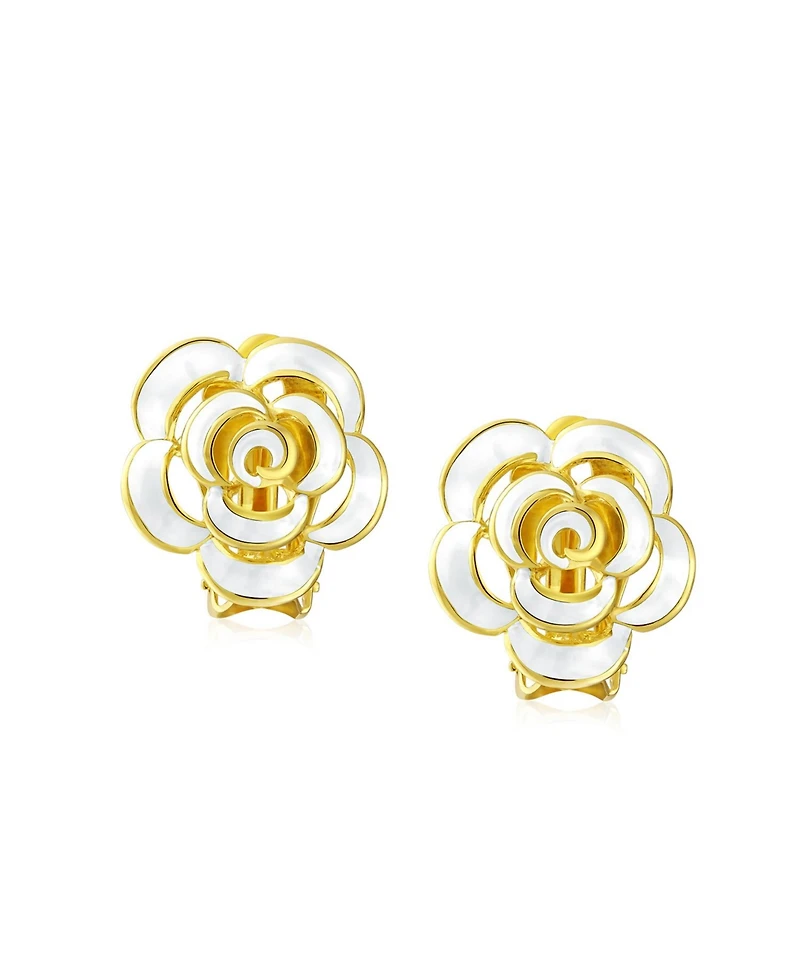 Bling Jewelry Set of 2 Fashion Enamel 3D Blue White Rose Flower Clip-On Earrings Gold Plated