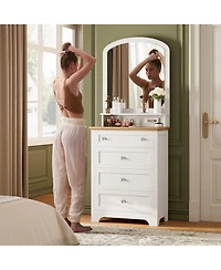 gaomon White Dresser with Mirror, 4 Drawer Storage Cabinet with Crystal Knobs for Bedroom, Living Room, Entryway