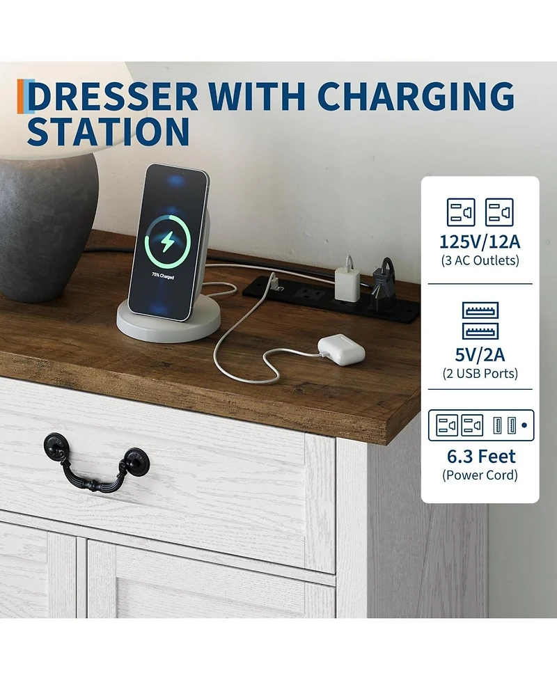 gaomon 9 Farmhouse Dresser with Charging Station & Metal Handle, Wooden Tv Stand with Dressers, 9 Drawer Dressers for Bedroom Living Room Enterway