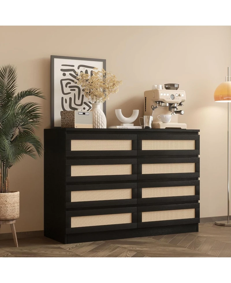 gaomon 8 Drawer Natural Dresser for Bedroom, Modern Farmhouse Chest with Slim Wood Frame, Space-Saving Tv Stand