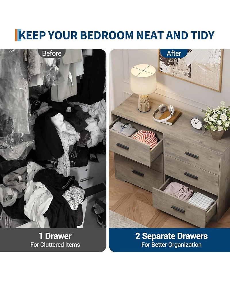 Gaomon 6-Drawer Dresser – Modern Wooden Chest with Metal Handles, Perfect Organizer for Bedroom, Closet, or Living Room.