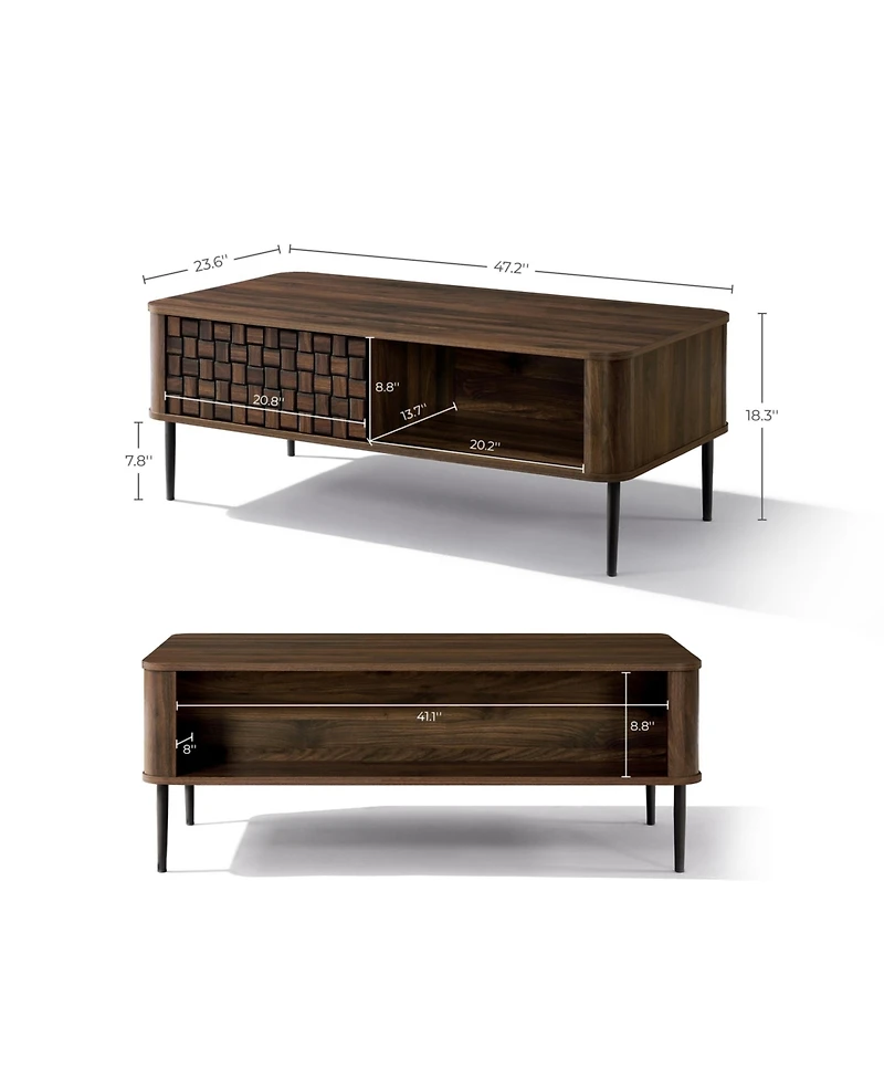 LuxenHome Dark Oak with Basket Weave Design Manufactured Wood 1-Sliding Door Coffee Table