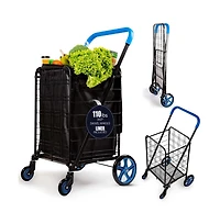 SereneLife Folding Utility Cart with Liner, Heavy-Duty, 360° Swivel Wheels, 70 lb Capacity, Portable for Groceries
