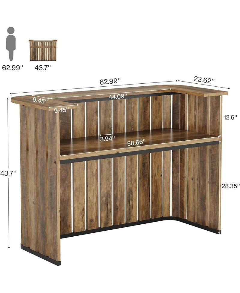 Tribesigns 63-Inch Home Bar Unit, Farmhouse Liquor Bar Table with Storage Shelves, 2-Tier Wine Bar Cabinet Mini Bar Table, Rustic Brown