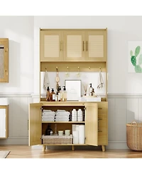 Gaomon 71" Kitchen Pantry Cabinet with Rattan Doors, 3 Drawers, 6 Hooks & Adjustable Shelves – Freestanding Storage Buffet, Natural