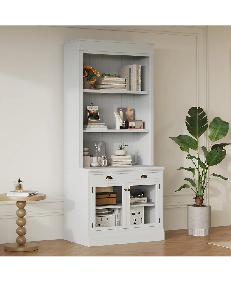 Lovmor Elegant Glass Door Bookcase with Shelves and Drawer