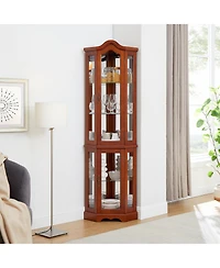 Lovmor Corner Curio Cabinet with Light System Mirrored Back Adjustable Shelves and Walnut Finish