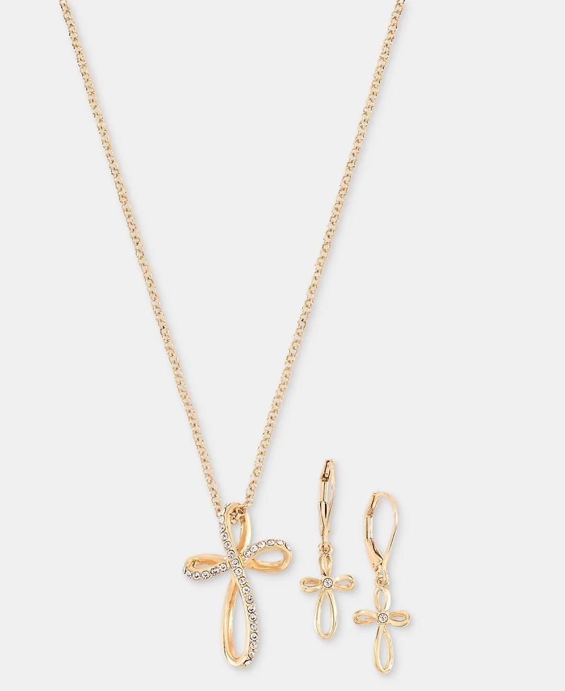 Anne Klein Pave Infinity Cross Pendant Necklace & Drop Earrings Set