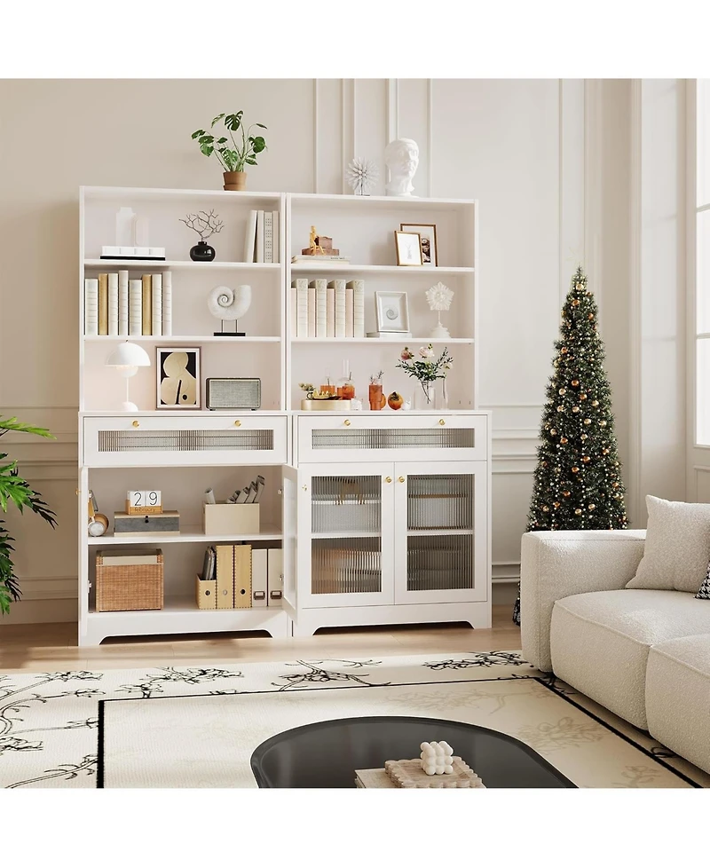 gaomon Kitchen Pantry Cabinet,62 Inch Freestanding Hutch Cupboard with Large Countertop,Glass Doors, Drawer and Adjustable Shelves