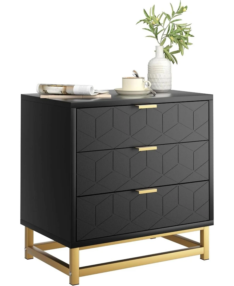Gaomon Grey 3-Drawer Modern Wood Dresser, Bedroom and Closet Storage Chest with Gold Pulls, Nightstand-Style Organizer