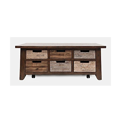Jofran Rustic Solid Acacia Box Coffee Table with Pull-Through Drawers and Caster Wheels