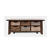 Jofran Rustic Solid Acacia Box Coffee Table with Pull-Through Drawers and Caster Wheels