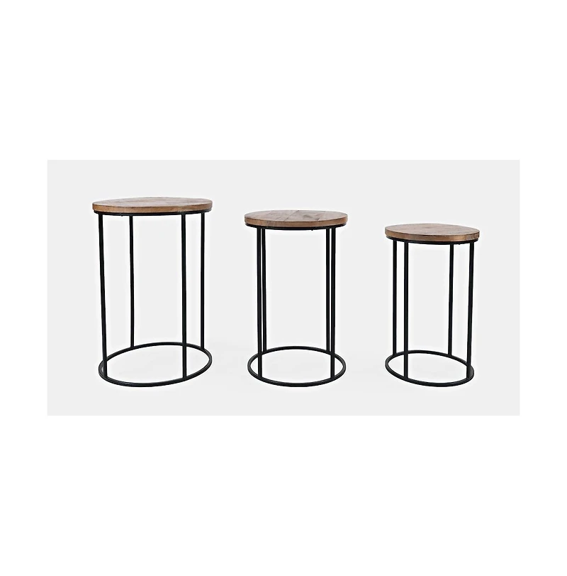 Jofran Warner Round Modern Rustic Solid Wood and Metal Nesting End Tables