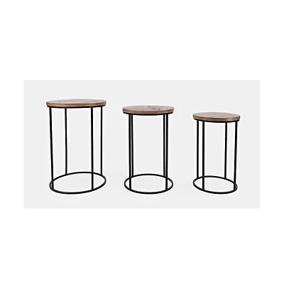 Jofran Warner Round Modern Rustic Solid Wood and Metal Nesting End Tables