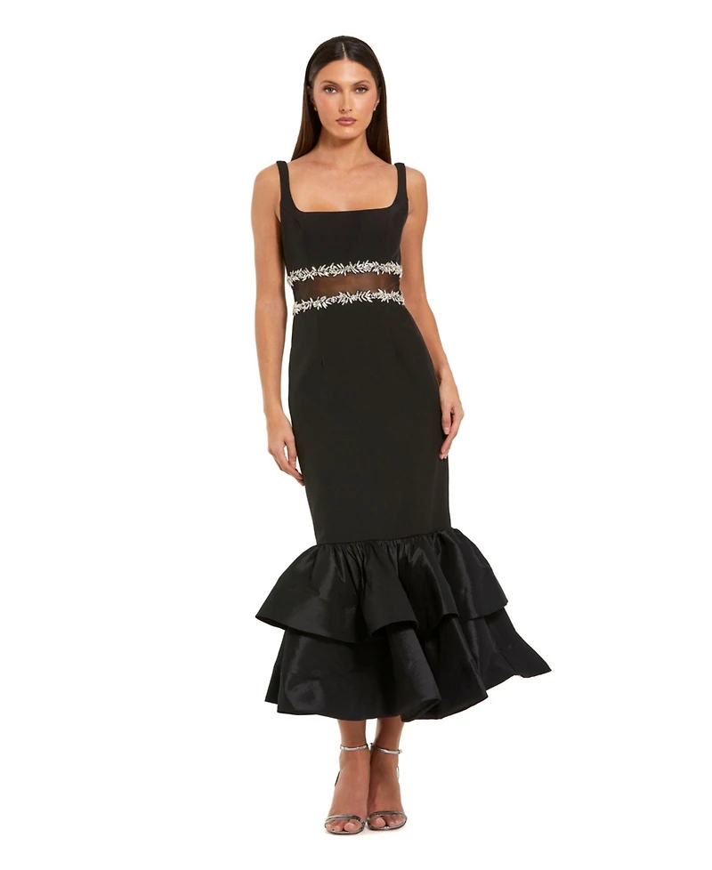 Mac Duggal Women's Crepe Midi Dress with Jewel Detail & Ruffle Hem