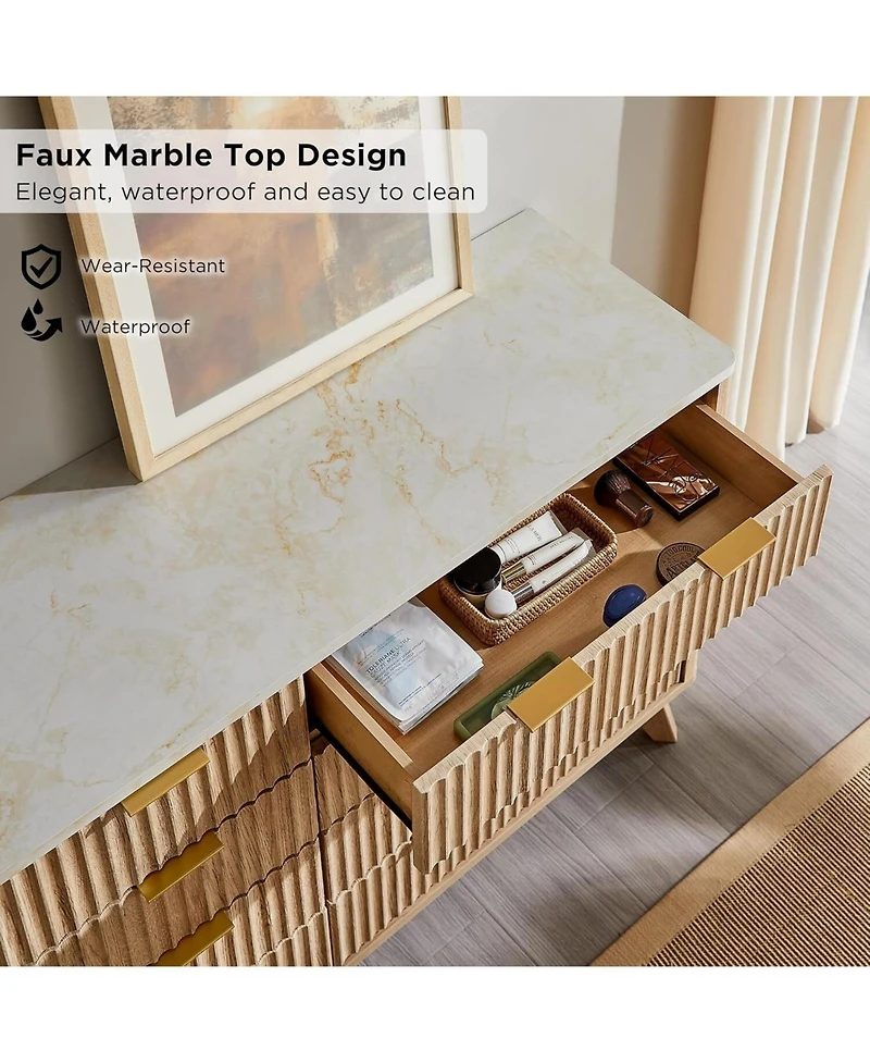 gaomon 54" Fluted 8-Drawer Dresser, Modern Chest w/ Faux Marble Top, Tv Stand & Wood Organizer