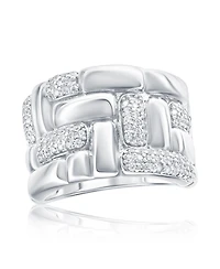 Suzy Levian New York Pave Cubic Zirconia Silver Puff Woven Motif Extra Wide Band Ring