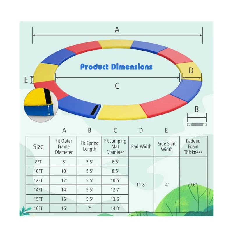 Hongge 16 Foot Trampoline Replacement Safety Pad with Fixing Straps