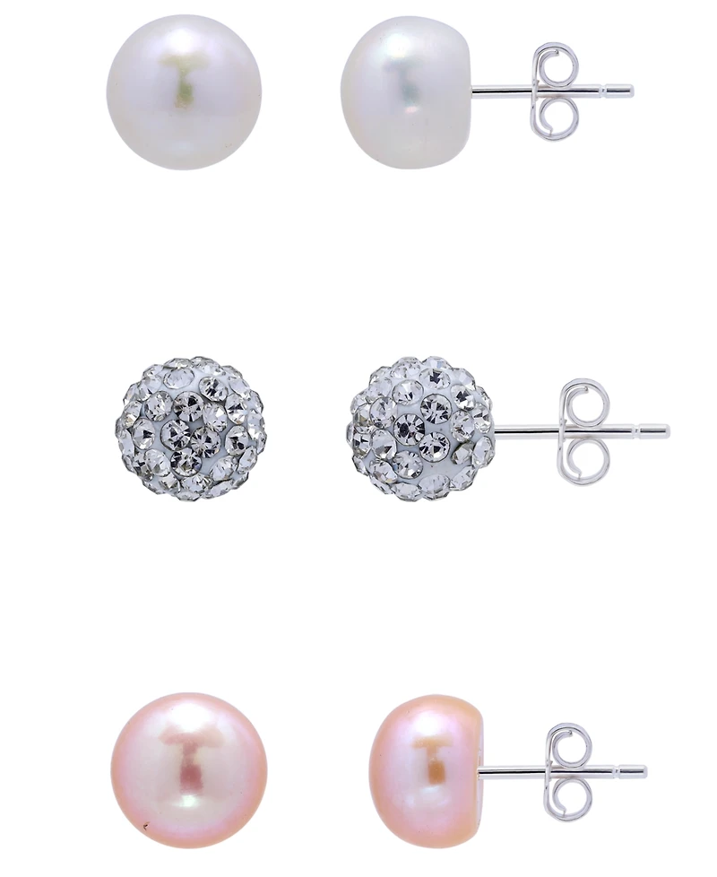 Giani Bernini White and Pink Freshwater Pearl Button and Clear Crystal Fireball Stud Earrings Set