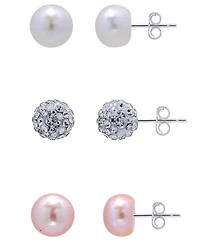 Giani Bernini White and Pink Freshwater Pearl Button and Clear Crystal Fireball Stud Earrings Set