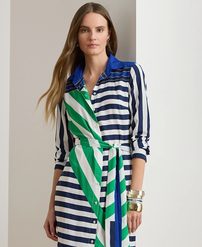 Lauren Ralph Petite Striped Point Collar Shirtdress
