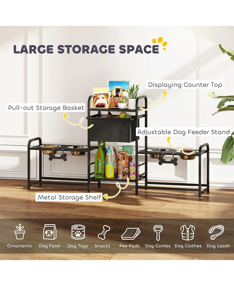 PawHut Dog Bowl Sd with 2 Feeding Stations, Elevated Dog Bowls,